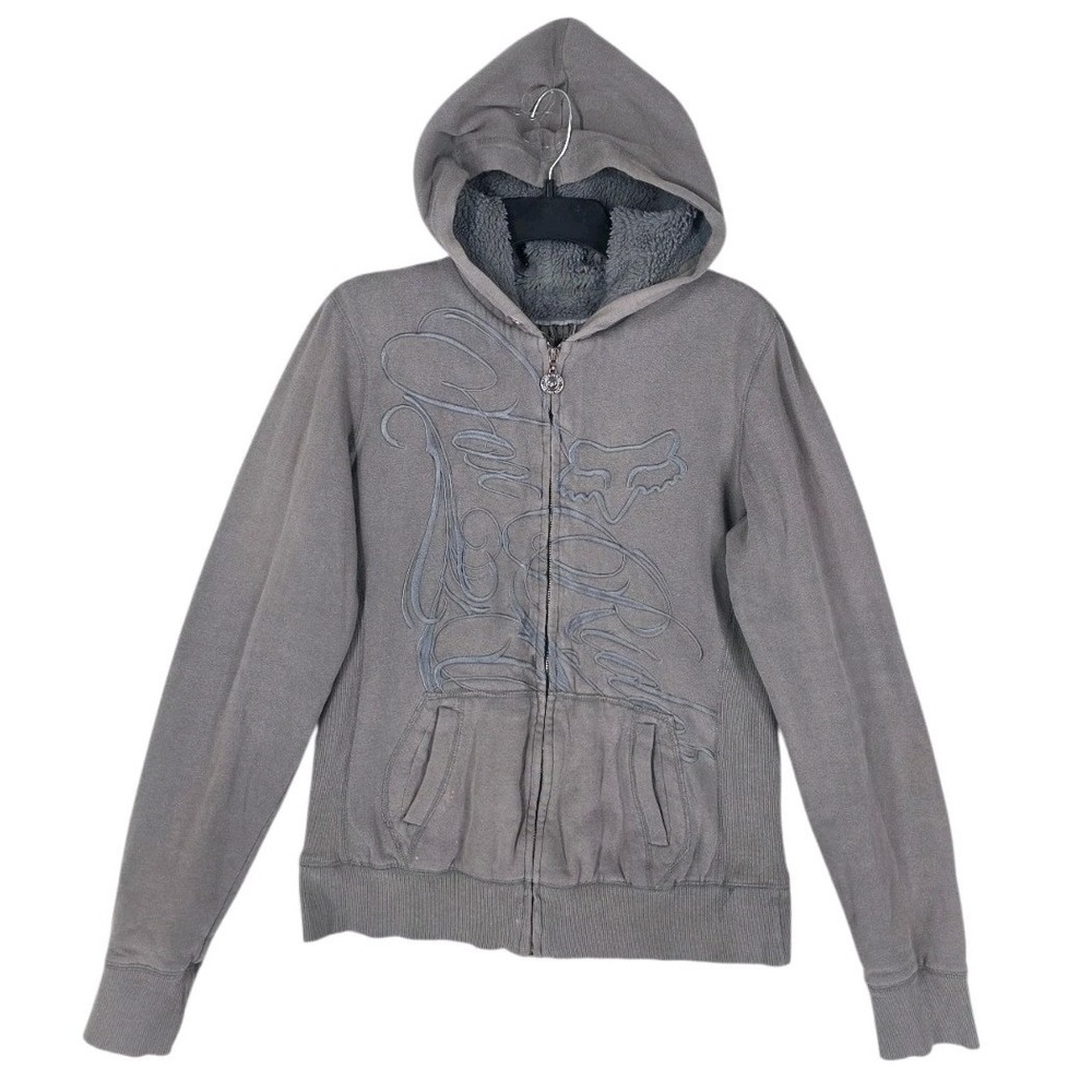 Fox Hooded Jacket Womens L Gray Embroidered Logo Letters Faux Fur Lined Fleece